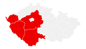 Mapa ČR s vyznačenými kraji: Jihočeský, Plzeňský, Karlovarský, Středočeský (jih). Vytvořeno pomocí mapchart.net