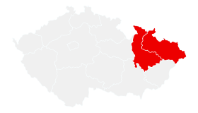 Mapa ČR s vyznačenými kraji: Olomoucký, Moravskoslezský. Vytvořeno pomocí mapchart.net