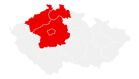 Mapa ČR s vyznačenými kraji: Praha, Středočeský (sever), Ústecký, Liberecký. Vytvořeno pomocí mapchart.net
