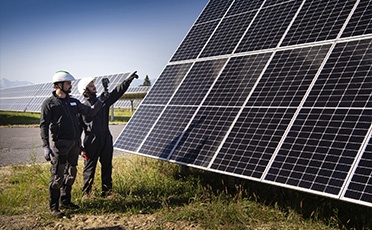 Pracovníci kontrolují panely na solární farmě