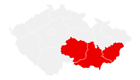 Mapa ČR s vyznačenými kraji: Zlínský, Jihomoravský, Vysočina. Vytvořeno pomocí mapchart.net