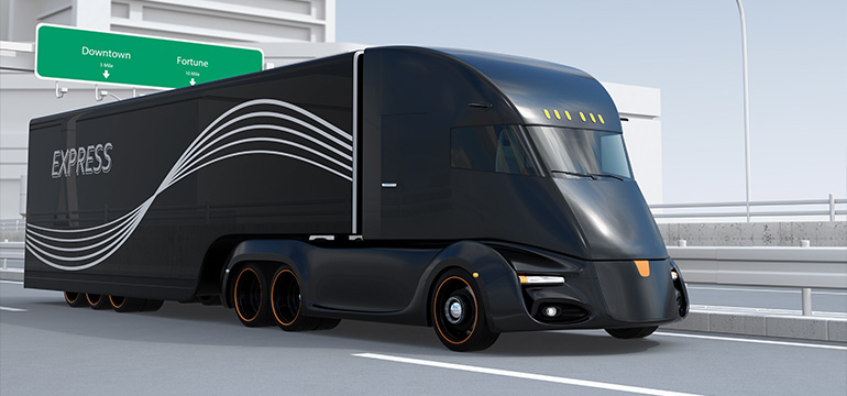 Vizualizace černého samořídícího elektrického kamionu na dálnici