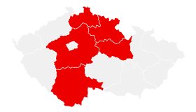 Mapa ČR s vyznačenými kraji: Jihočeský, Středočeský, Liberecký, Královéhradecký, Pardubický. Vytvořeno pomocí mapchart.net