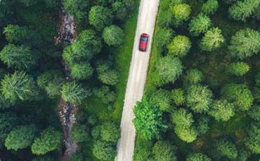 Pohled zhora na automobil projíždějící lesem