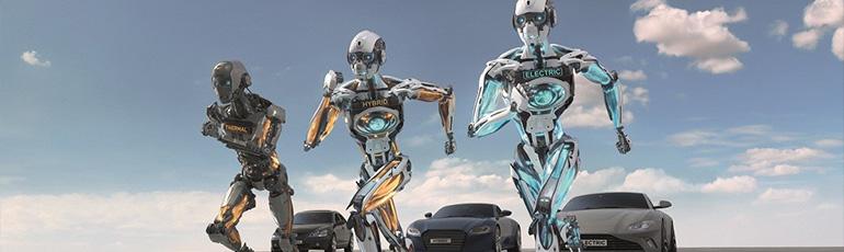 Tři roboti RobotQuartz se rozbíhají od automobilů v pozadí