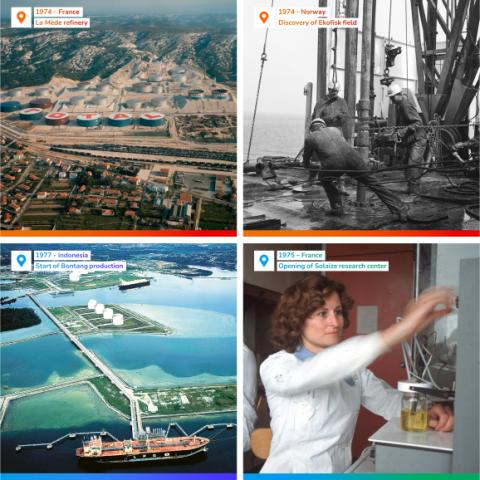 Historie TotalEnergies, koláž, 70. léta, Francie, Norsko, Indonésie, výzkumné centrum, rafinerie, těžba ropy, historie